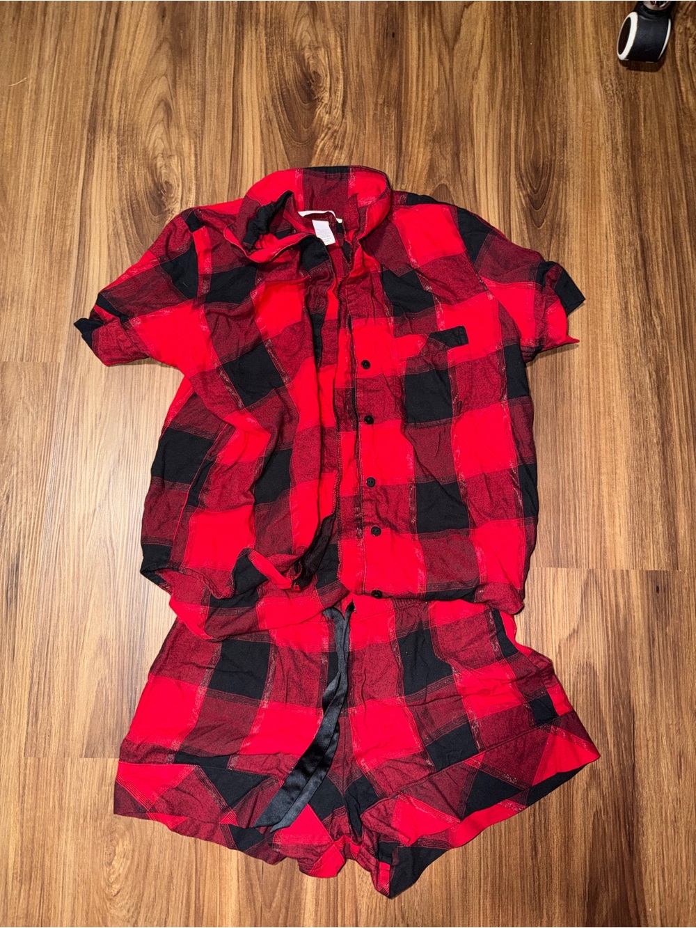 Victoria's Secret Red and Black Plaid Short-Sleeve Button-Down Set